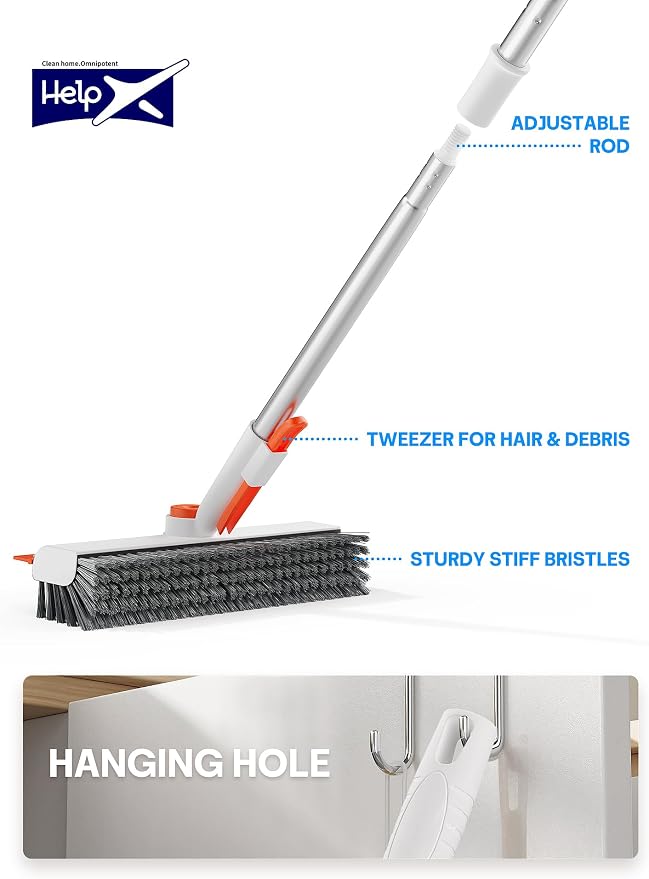 Floor Scrub Brush with Long Handle, 3 in 1 Deck Brush with Squeegee | 360° Swivel, Dual-side Bristle Floor Scrubber with Tweezer for Tile Wall Bathtub Patio Garage Pool Kitchen (Orange and White