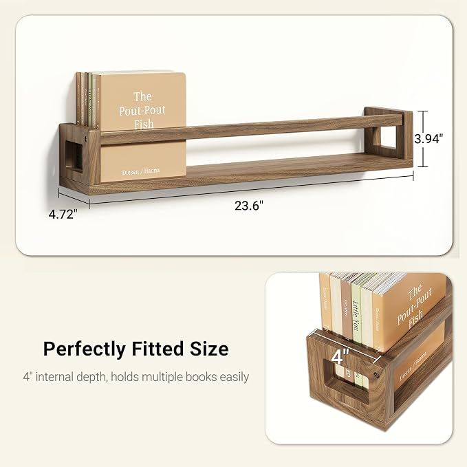 3 Pack 24 Inch Nursery Book Shelves, Solid Wood Floatingshelf, Walnut Brown | Durable Wall Mounted Shelves, Long Display Space for Books, Photos, Bedroom, Living Room and Spice Rack & Decor