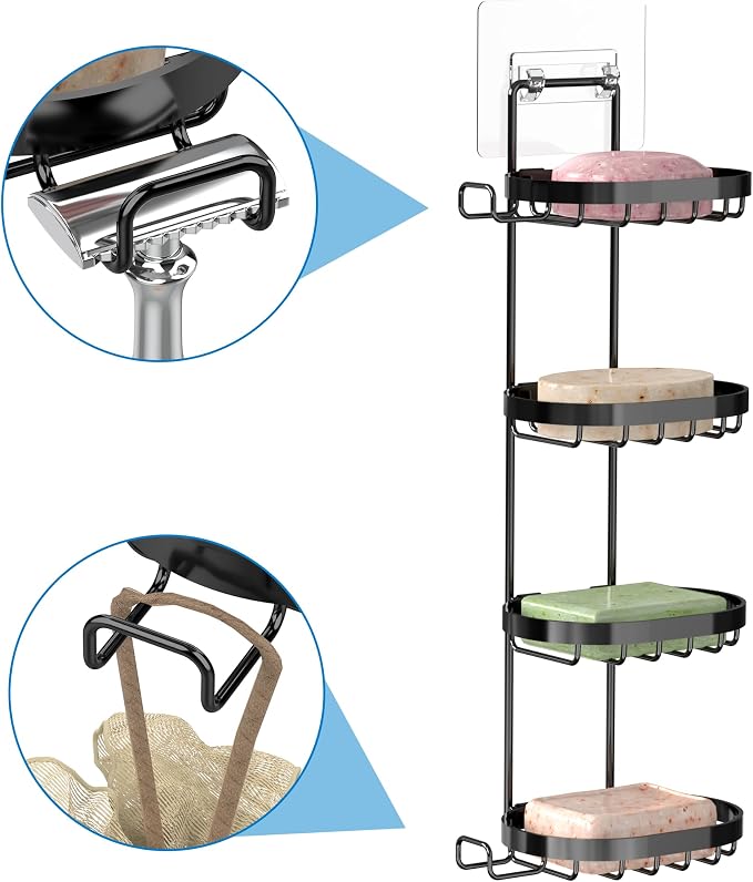 MASADI 4 Tier Soap Dish Holder, Soap Bar Holder with Hooks, Shampoo Bar Caddy for Shower Wall, Razor Holder for Shower, Bar Soap Container 304 Stainless Steel, Bathroom(Black)