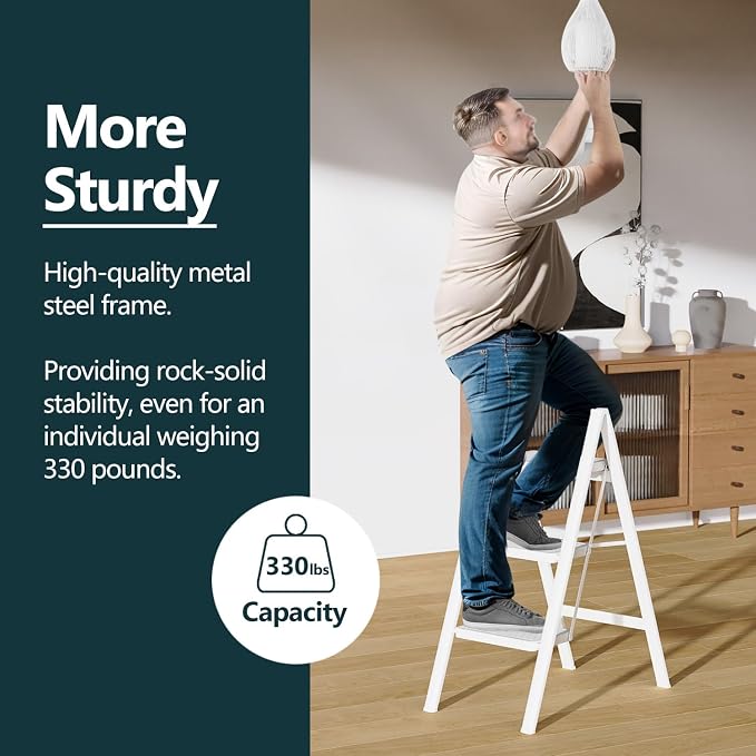 3 Step Foldable Step Stool, 330lbs Load, White | Folded 36'' H x 2'' T; Net 9.9 lbs; Anti-Slip Feet Grip Wood, Tile, Carpet; Wide Pedals; For Kitchens, Closets.