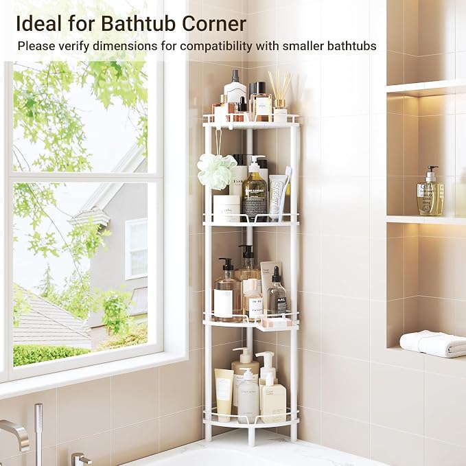 ELYKEN Corner Shower Caddy Standing, 4 Tier Metal Shower Organizer, White | Stainless Steel Shower Shelves with Soap Holder, Adjustable Feet & 2 Hooks for Storing Bath Essentials in Bathroom corner