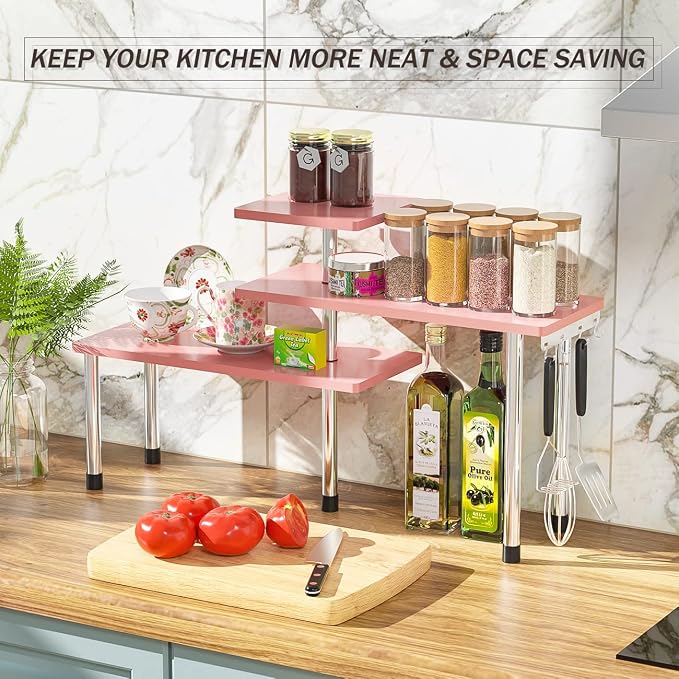 ZHWS Bathroom Counter Organizer Corner Shelf – Bathroom Organization Bamboo 3 Tier Spice Rack Makeup Organizer Bookshelf Space Saving Rack Kitchen Office Living Room (Pink)