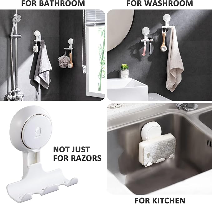 Razor Holder for Shower 2 Pack, Powerful Suction Cup Shower Hooks for Towel, Loofah, Razor, Squeegee, Damage-Free Wall Hooks, Shaver Holder for Bathroom, Easy to Install and Reuse, White