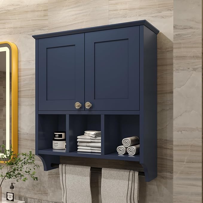 Bathroom Wall Cabinet, Wall Mounted with Towel Bar & 6 Shelves - Over Toilet Storage Organizer, 2-Door Medicine Cabinet, Adjustable Bathroom Shelves(Blue)