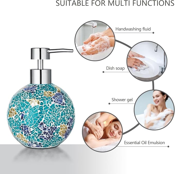 Handmade Blue Mosaic Glass Bathroom Accessory Sets 4PCS Bathroom Accessories Set Complete Includes Lotion Dispenser Toothbrush Holder Tumbler Cup & Vanity Tray