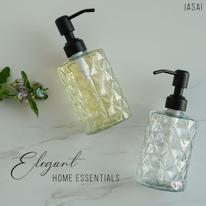 JASAI Diamond Design 12 Oz Glass Soap Dispenser with Black Pump | Small Hand soap Dispenser with Rust Proof Pump, Bathroom Soap Dispenser for Hand Soap, Liquid Soap, Dish Soap.