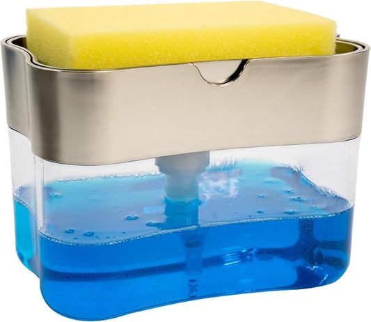 S&T INC. Dish Soap Dispenser and Sponge Holder, Metallic Silver | Holds 13 Fluid Ounces, Sponge Included, Anti-Slid Feet, Push to Dispense Perfect Amount of Dish Soap