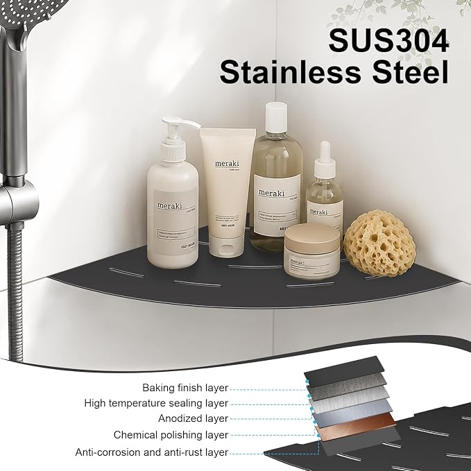 soaez Matte Black Corner Shower Shelf, SUS304 Stainless Steel Recessed Bathroom Shower Shelves, No Drilling Grout Mount Shelf for Shower, Bathroom Accessories (8", 2Pack)
