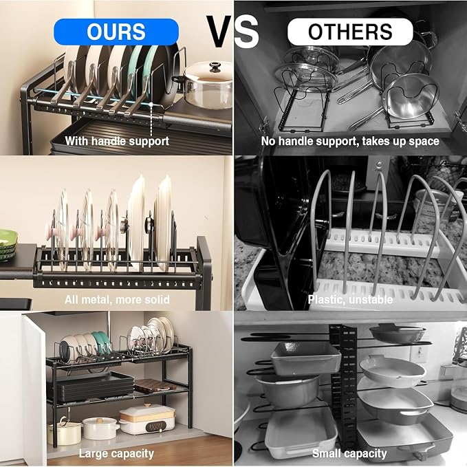 Mustorn Pots and Pans Organizer Under Cabinet, Expandable 1 Tier Under Sink Organizers and Storage Adjustable Height Kitchen Pot and Pan Lid Holder Rack with 6 Dividers Under Cabinet Shelf(Black)