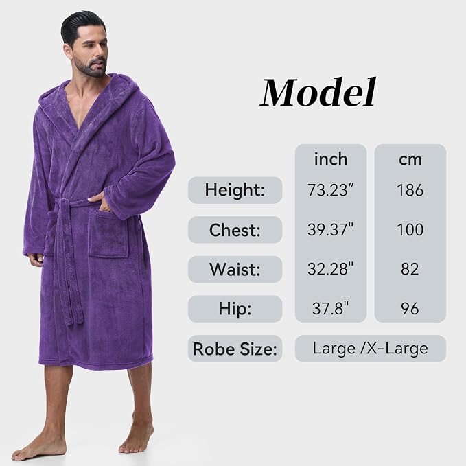 Absorbent Fleece Mens Robe with Hood Warm Cozy Ultra Soft Bathrobe Luxury Quick Dry Spa Towel Robe for Men