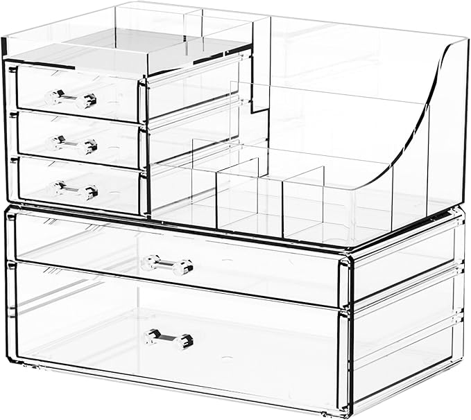 2 Pack Clear Makeup Organizer Countertop for Dresser,Vanity and Bathroom Counter Organizer,Tiered Stackable Makeup Acrylic Organizers with 5 Drawer for Skincare,Brush and Make up Holders