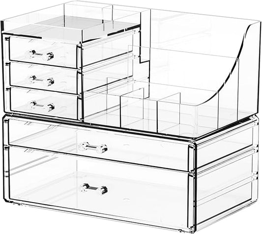 2 Pack Clear Makeup Organizer Countertop for Dresser,Vanity and Bathroom Counter Organizer,Tiered Stackable Makeup Acrylic Organizers with 5 Drawer for Skincare,Brush and Make up Holders