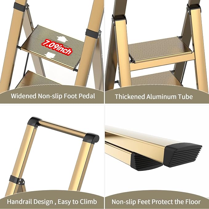 4 Step Ladder, Lightweight Folding Step Stool, Brown Gold | Reach 8ft;Anti-Slip 7.9'' Wide Pedal;Portable Handrail;Space-Saving;For Kitchen, Home, Library, Office Use;300lbs Capacity