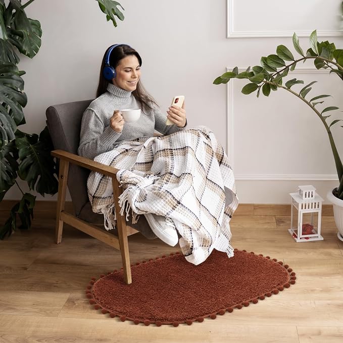 YIRDDEO Oval Rug for Bathroom, Cute Boho Bath Mat with Pom, Terracotta | Soft Plush, Absorbent, Quick Dry, Machine Washable, Non Slip Bath Mat for Bathroom Shower Floor Home Decor