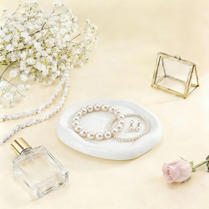 CHENACC Ceramic Jewelry Tray, White Round Cloud-Shaped Vanity Decorative Dish-Stylish Room Aesthetic Accessory, Catchall for Jewelry Watches Keys Round Plate Holder