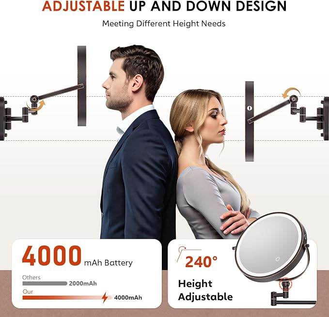 9" Wall Mounted Lighted Makeup Mirror,4000mAh Rechargeable Double Sided 1X/30X Magnifying Mirror with Light,Touch Dimmable,Extended Arm 360 Rotation Wall Mounted Makeup Mirror 3 Color Lights-Bronze