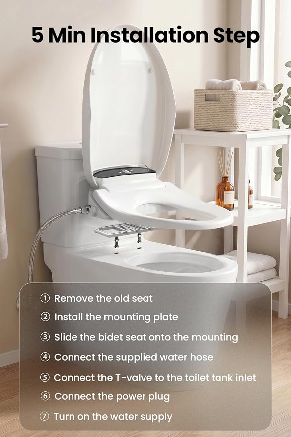 Tadashi Elongated Toilet Seat Bidet, Smart Electric Bidet | Remote Control, Warm Air Dryer, Warm Water Cleaning and Heated Toilet Seat, Night Light, Self Cleaning