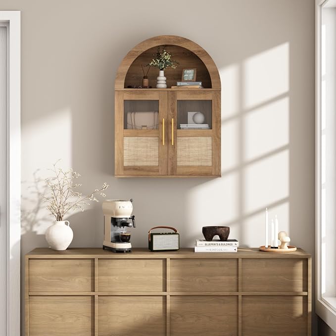 RUSTOWN Arched Bathroom Wall Cabinet with 2 Glass & Rattan Doors | Rattan Medicine Cabinet, Farmhouse Over the Toilet Storage Cabinet, Adjustable Shelves, 3-Tier Wall Mounted Cabinets