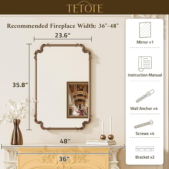 Antique Gold Brass Rectangle Mirror for Mantle Fireplace 24 x 36 Baroque Vintage Ornate Scroll Wall Mirror with Metal Frame for Traditional Victorian French Decor, Horizontal/Vertical