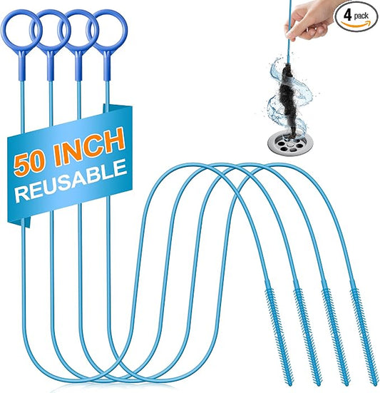 4 Pack 50 Inch Drain Snake Hair Drain Clog Remover Tool for Bathroom Sink | Reusable Brush, 50-Inch Break-Resistant Steel Wire Rope with Nylon Coating, 0.27-inch wand for Shower Drain Cleaning