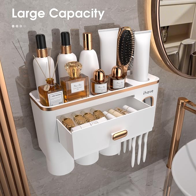 iHave Toothbrush Holders Bathrooms Wall Mount Toothpaste Dispenser & 3 Cups | Elegant White & Gold Bathroom Decor: 3 Cups, 6 Slots, Toothpaste Dispenser, Tray & Drawer Wall Mount Toothbrush Organizer