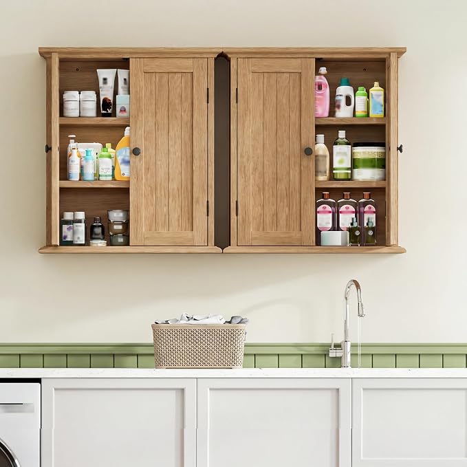ChooChoo Bathroom Wall Cabinet with 2 Doors, Over The Toilet | 8.8"D x 21.1"W x 24"H, Medicine Cabinet, Adjustable Shelves, Cupboard, Natural