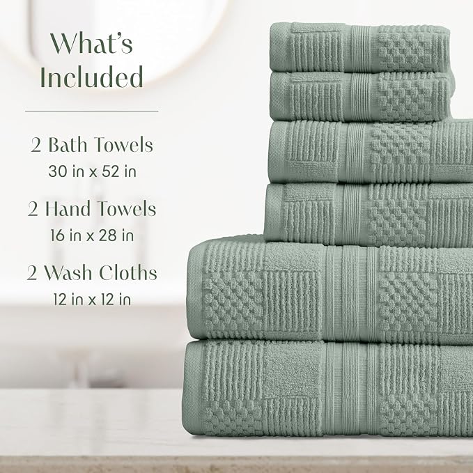 100% Cotton Bath Towel Set | 6-Piece Set | Textured | Green | Luxury Geometric Design | Absorbent & Quick-Dry Bathroom Towels | Textured and Durable Cotton Towels for Bathroom | OEKO-TEX