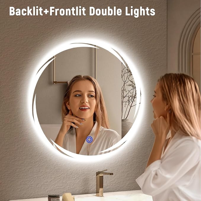 Bathroom Smart Mirrors with Three Color LED Lights,20”x20 Bath Round Mirror,Backlit + Front Lit Temperature Brightness Settings-Wall Mounted Lighted Bathroom Vanity Mirror