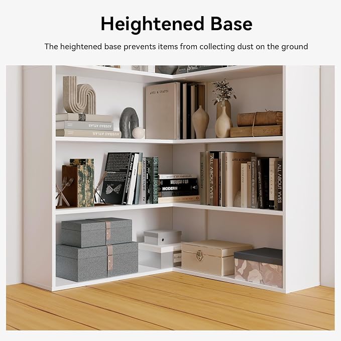 Corner Bookshelf, Freestanding L Shaped Display Shelf, 6 Tiers Bookcase with Baffles, Wooden Bookcase with Storage Organizer for Home Office, Living Room, Bedroom (35.2")