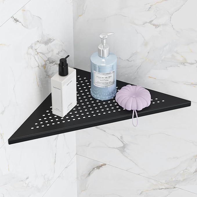 Qeke Bathroom Corner Shelf, Recessed 12" Shower Shelf Caddy, SUS304 Stainless Steel Shelf Wall Mount Triangular, No Drilling, Matte Black | 304 Stainless Steel Grout in Bathroom Corner Shelves, Bathroom Shelf for Tiled Wall, Rustproof, No Drilling Requ...
