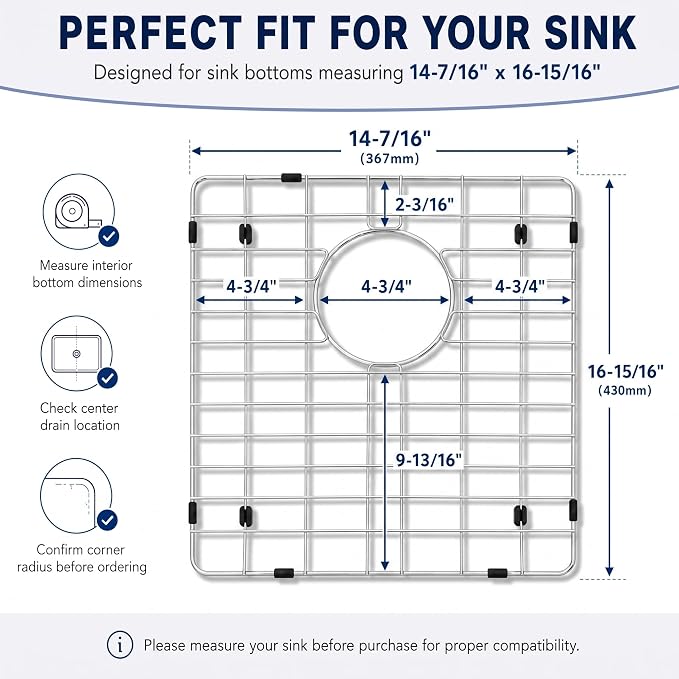 LQS Stainless Steel Sink Protectors, Kitchen Sinks Grid with Center Drain Hole for Single Bowl, Sink Protector, Kitchen Sinks Grate, Sink Bottom Grid (14 7/16" x 16 15/16")
