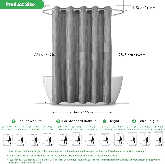 No Hook Waffle Shower Curtain, No Liner Needed Separate, 71x77 Inch, Grey | 100% waterproof TPU-laminated backing, magnetic weighted hem, machine washable, shower curtain set for bathroom or hotel use