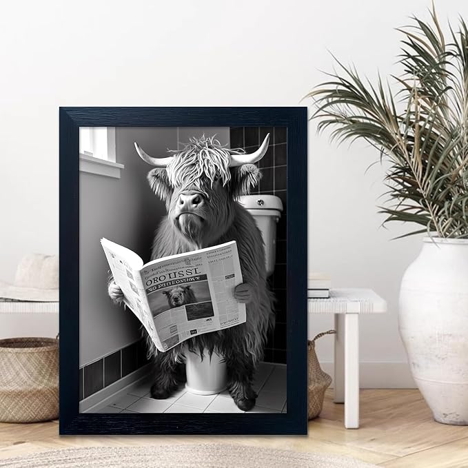 Framed Black and White Bathroom Canvas Print Highland Cow with Toilet Paper on Head Wall Art Toilet Decor Cow Pictures Wall Decor Animal Bathroom Wall Art for Home