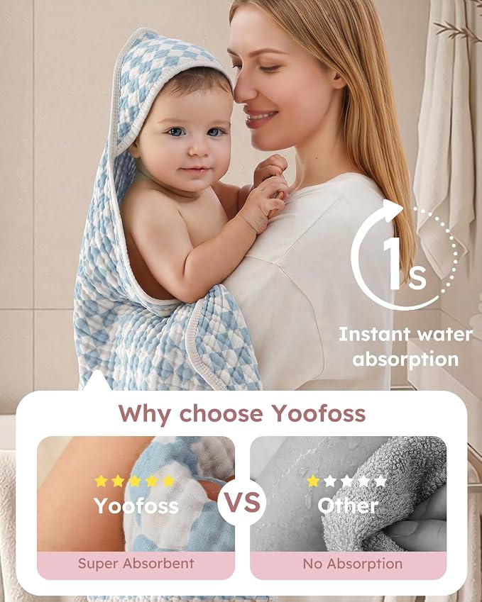 Yoofoss Hooded Baby Towels for Newborn 2 Pack 100% Muslin Organic Cotton Baby Bath Towel with Hood for Babies, Infant, Toddler and Kids, 32x32Inch, Soft and Absorbent, Pink Blue Checkered