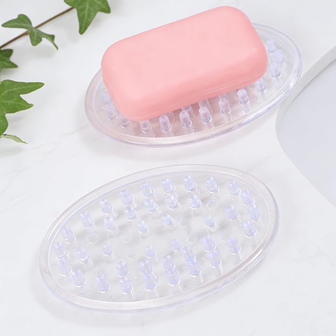4-Pack Clear Silicone Soap Holder, Oval Soap Dish with Drainage Grooves for Shower, Bathtub, Bathroom & Kitchen Sink