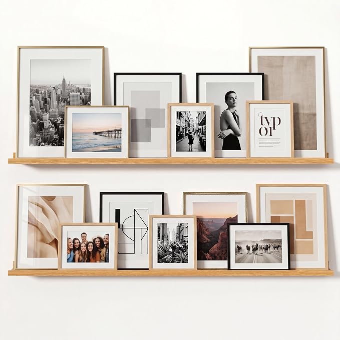 Oak Picture Ledge Shelves for Wall, 4.5" Deep Wood Floating Shelves with Lip for Bedroom, Living Room, 48" Width, Color Oak Set of 2