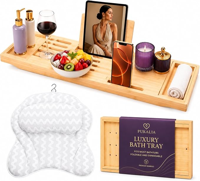 Bath Tray for Tub and Ergonomic Pillow Premium - Caddy Foldable 29 to 43 Inch - Bamboo Wood Tub Organizer - Luxury Bathtub Tray - Bathroom Accessories for Mothers, Birthday Gifts for Mom