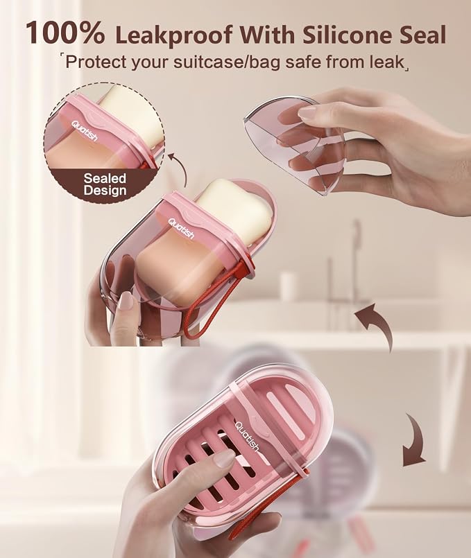 Quatish Leakproof Travel Soap Case with Lid, Shatterproof Bar Soap Holder Dish Container, Portable Travel Size Toiletries Camping Essentials for Gym, Dorm, Bathroom, Pink