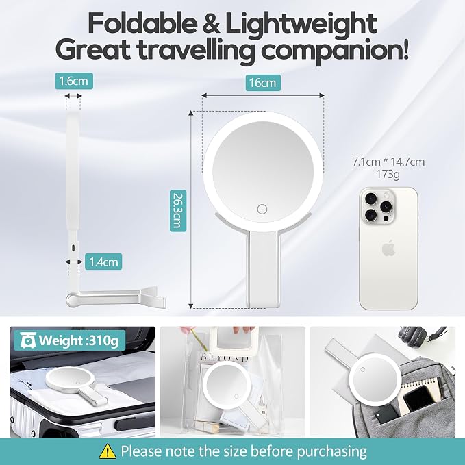30x/1x Magnifying Travel Mirror with Light, Double-Sided Rechargeable Adjustable Brightness 3 Colour Lighting, Folding, Handheld/Hangable/Tabletop, 3 Ways Using Mirror, White