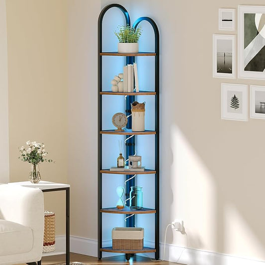 MAHANCRIS 6 Tier Corner Shelf with LED Light, 74.6'' Tall Corner Bookshelf Stand, Narrow Display Bookcase with Storage Rack for Wall Corner, Living Room, Bedroom, Home Office, Rustic Brown CSHR66101