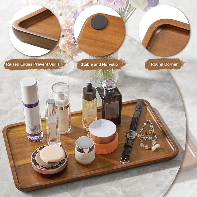 Acacia Wood Bathroom Vanity Tray, 14 Inch Wooden Decorative Tray for Toilet Tank, Kitchen Counter, Coffee Bar, Makeup, Perfume, Candles, Snacks and Home Decor