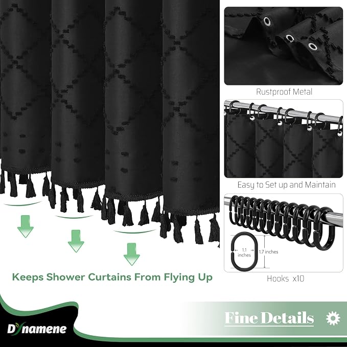 Stall Boho Farmhouse Shower Curtain Tufted Geometric 54"x72" Black | 54 Inch Wide, Elegant Tassel, Lightweight Textured Fabric, Water Repellent, Washable, for Narrow Bathroom/Dorm 10 Hooks