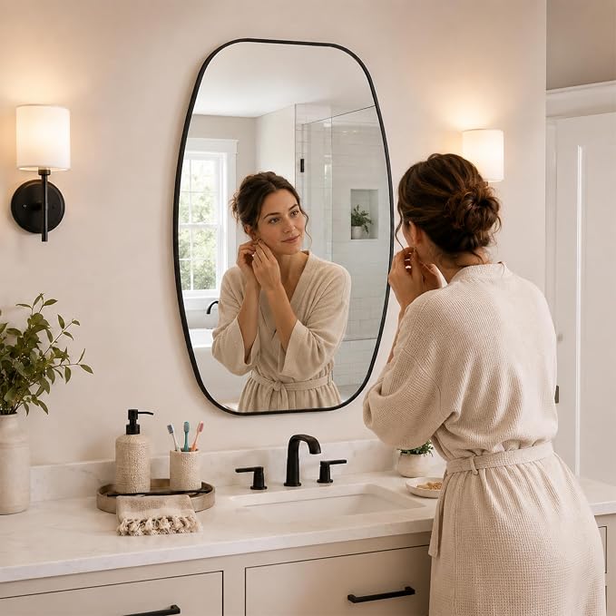 Matte Black Capsule Bathroom Mirror, 24x36 Inch | Aluminum alloy frame, pill-shaped design, tempered glass, two-way mount for dresser and console