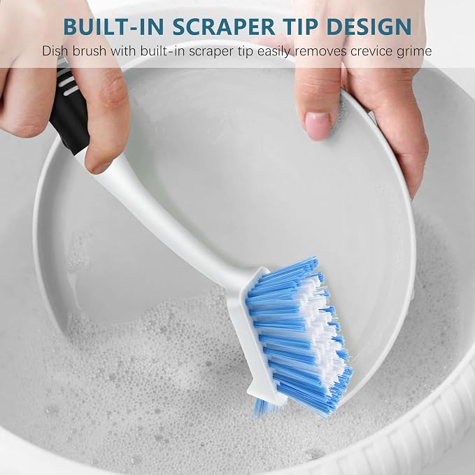 SetSail 3 Pack Dish Brush Set, Long Handle Kitchen Scrub Brush(Black Blue) | Built-in scraper tip, non-slip rubber handle, PET stiff bristles. Hanging loop for storage. for Dishes pots, pans, bottles