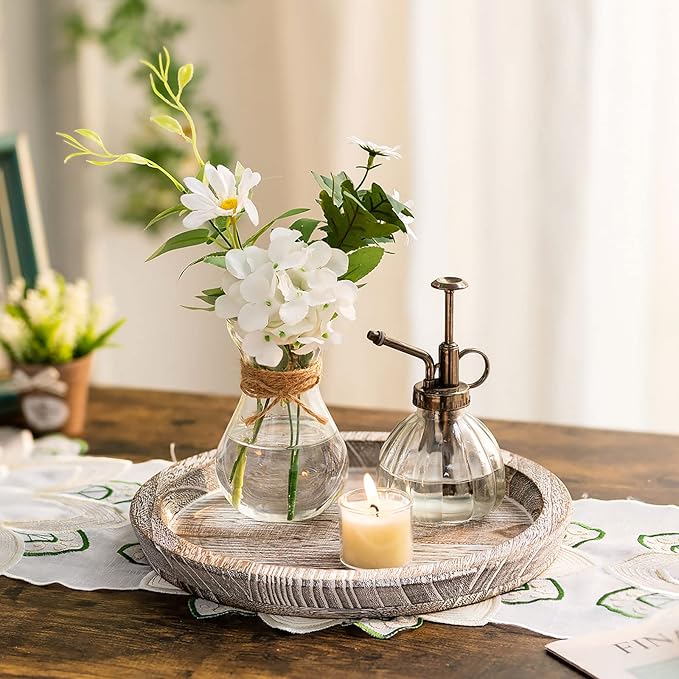 Wooden Decorative Tray Candle Holder: Romadedi Round Wood Tray Home Decor, Whitewash Rustic Trays for Farmhouse Dinning Table Kitchen Countertop Coffee Table Wedding Centerpiece, 11inch, Size L | Wood Decorative Pillar Candle Tray, For Coffee Table, Ki...