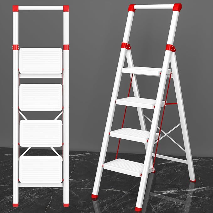 Foldable Step Ladder Stool for Home,4 Step Stool with Wide Anti-Slip Pedal, Heavy Duty 600Lbs Ladder for Indoor Kitchen Closet Stair Use, White Red