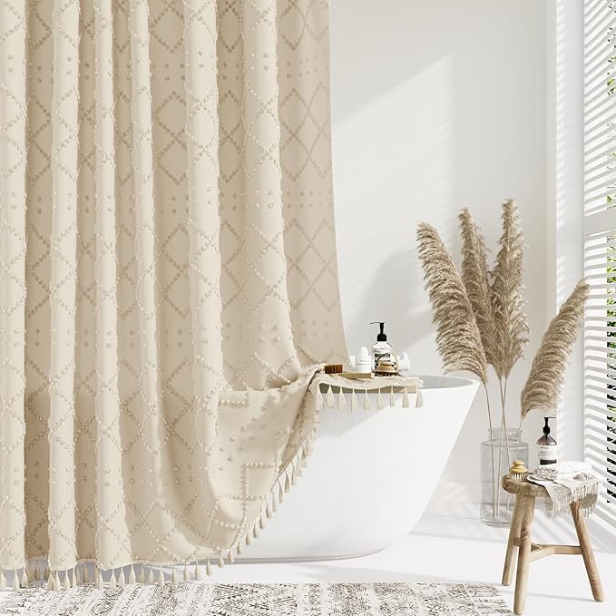 Stall Boho Farmhouse Shower Curtain Tufted Geometric 54"x78" Beige | 54 x 78 inch Long, Elegant Tassel, Lightweight Textured Fabric, Water Repellent, Washable, for Narrow Bathroom/Dorm 10 Hooks