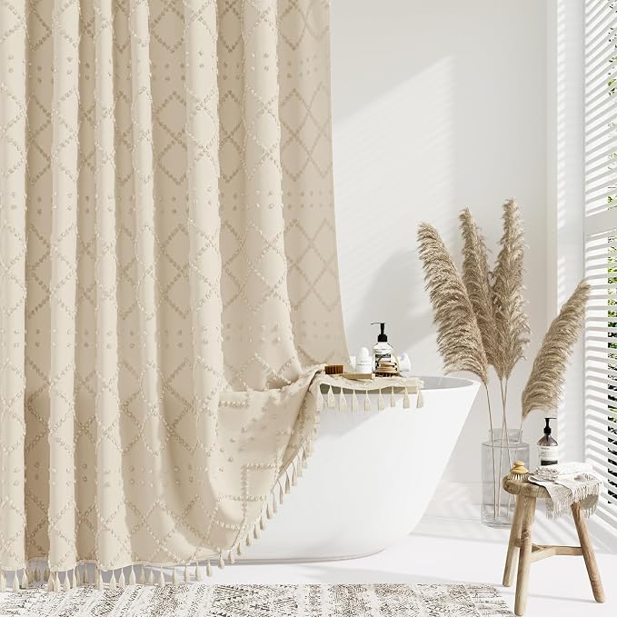 Stall Boho Farmhouse Shower Curtain Tufted Geometric 36"x72" Beige | Narrow Half Size, Elegant Tassel, Lightweight Textured Fabric, Water Repellent, Washable, for Small Bathroom/Dorm 6 Hooks