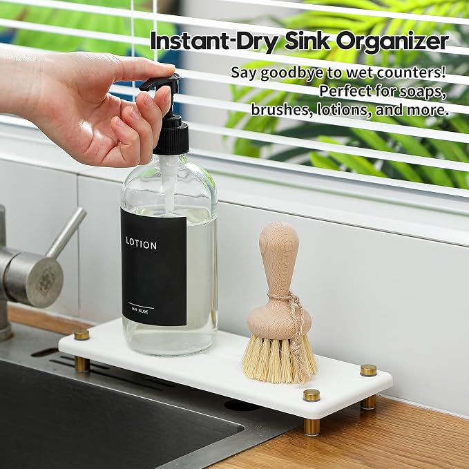 Water Absorbing Stone Sink Caddy Kitchen Sink Organizer Tray, Diatomite Bathroom Counter Tray, Gold Faucet Drying Mat Coaster Soap Dish Rack Riser Dispenser Sponge Holder, White 10" x 4"