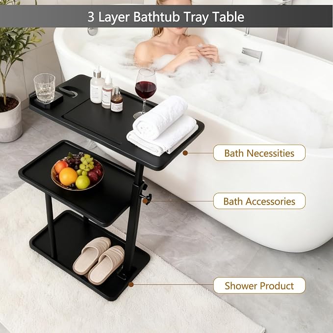 3 Layer Bathtub Tray Table,Bamboo Swivel Bathtub Side Table Height Adjustable,Freestanding Bathtub Tray for Tub Against Wall,Bathtub Accessories&Bathroom Organizer for Luxury Home Spa (Black1)